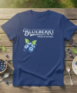 Blueberry Fresh & Natural text design with watercolor blueberries graphic on a navy blue t-shirt