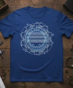 Blueprint gear graphic t-shirt featuring schematic lines, geometric shapes, and measurement marks on a blue tee