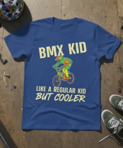 BMX Kid Like A Regular Kid But Cooler text with graphic of a kid riding a BMX bike