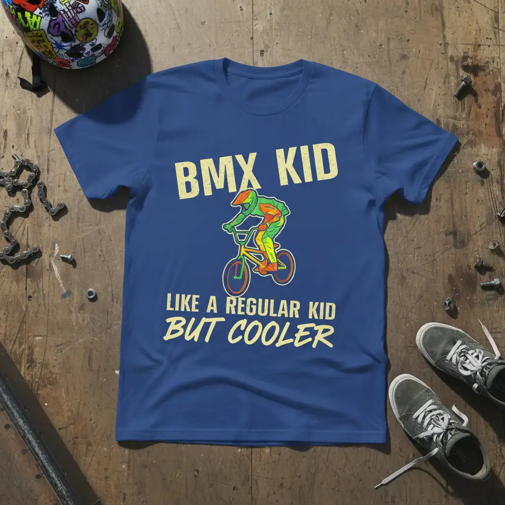 BMX Kid Like A Regular Kid But Cooler quote on a blue t-shirt with a graphic of a BMX rider