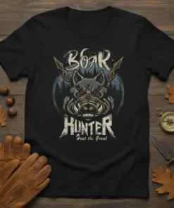 Boar Hunter Hunt the Grunt t-shirt design featuring a fierce boar head graphic and rustic text, perfect for outdoor enthusiasts