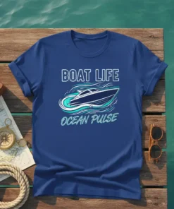 Boat Life Ocean Pulse t-shirt design featuring a speedboat on waves, white and turquoise text
