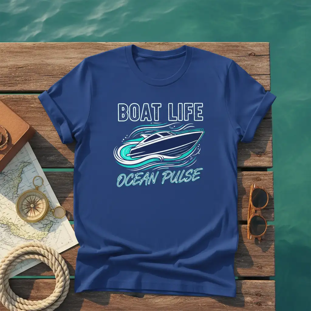 Boat Life Ocean Pulse text and speedboat graphic on a blue t-shirt for boating enthusiasts