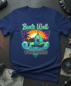 Boats Well WITH OTHERS text with sailboat graphic, waves, palm trees, and city skyline on a navy blue t-shirt