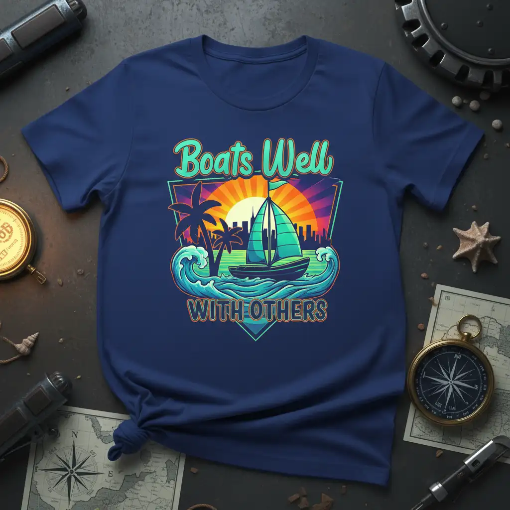 Boats Well WITH OTHERS phrase with sailboat, waves, and tropical sunset design on a t-shirt