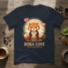 Boba Love Red Panda Edition T-Shirt design featuring a cute red panda holding a boba tea cup with bamboo background