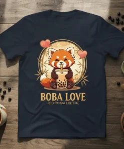 Boba Love Red Panda Edition T-Shirt design featuring a cute red panda holding a boba tea cup with bamboo background