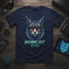 Bobcat Eyes T-Shirt featuring a stylized bobcat wearing sunglasses with retro cyberpunk graphics and neon accents