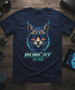 Bobcat Eyes T-Shirt featuring a stylized bobcat wearing sunglasses with retro cyberpunk graphics and neon accents
