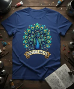 BOCEF HOICK text on a golden banner beneath a detailed, colorful peacock illustration on a blue t-shirt