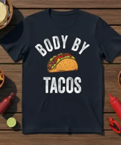Dark navy t-shirt with white text "BODY BY TACOS" and a graphic of a taco in the center