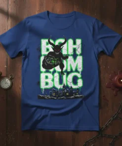 Boh Bug Rum Bug text design with a spooky demon character holding a bag of treats, on a blue t-shirt