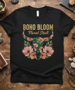 Black t-shirt with "BOHO BLOOM Floral Skull" text and a green floral skull graphic