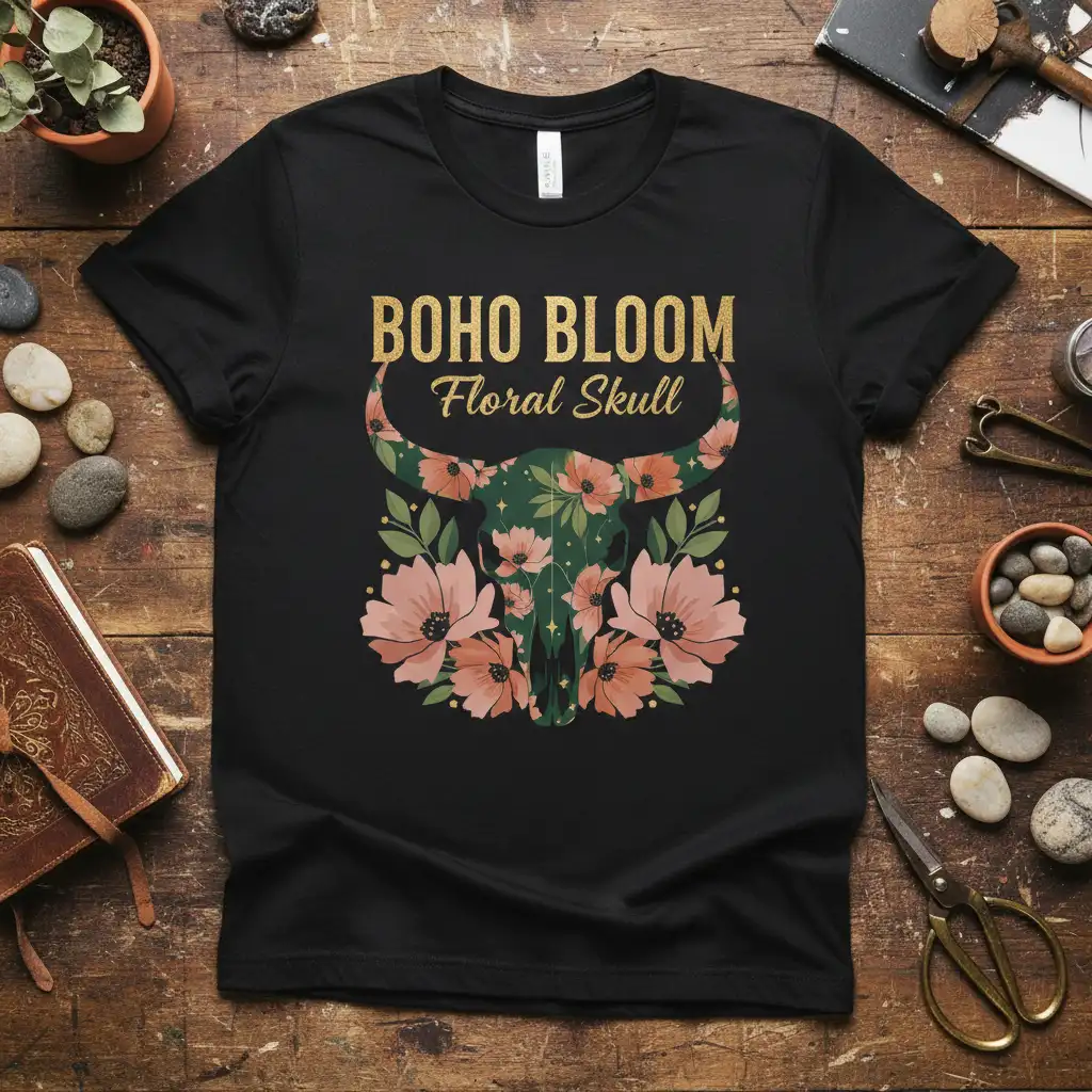BOHO BLOOM Floral Skull text with a green floral bull skull graphic on a black t-shirt