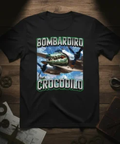 Bombardiro Crocodilo text with a fierce crocodile head on a bomber plane, lightning and sky background
