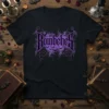 Black t-shirt with "Bombehes" text in purple gothic font, surrounded by swirling smoke and small bats