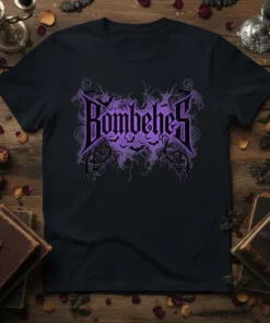 Black t-shirt with "Bombehes" text in purple gothic font, surrounded by swirling smoke and small bats