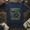 Bombero Crocodilo T-Shirt design with a detailed crocodile wearing a pilot's helmet and a vintage bomber airplane in flight