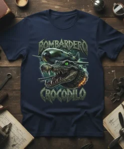 Bombero Crocodilo T-Shirt design with a detailed crocodile wearing a pilot's helmet and a vintage bomber airplane in flight
