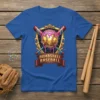 Bombshell Baseball T-Shirt with a golden baseball covered in pink frosting and sprinkles, crossed bats behind it