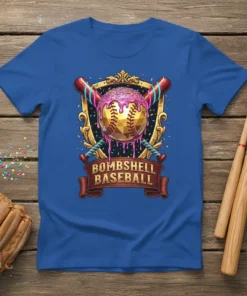 Bombshell Baseball T-Shirt with a golden baseball covered in pink frosting and sprinkles, crossed bats behind it