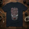 Bone Apple Tea quote t-shirt with gothic typography and a dark tea cup graphic