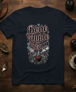 Bone Apple Tea quote t-shirt with gothic typography and a dark tea cup graphic