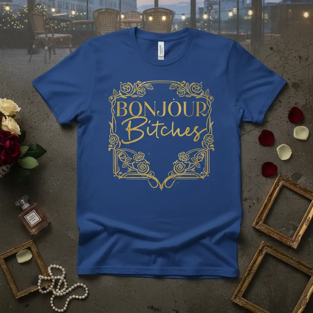 Bonjour Bitches phrase in gold script with ornate floral border on a blue tee