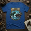 Bonk text above a T-Rex attacking an Ankylosaurus in water, on a blue t-shirt