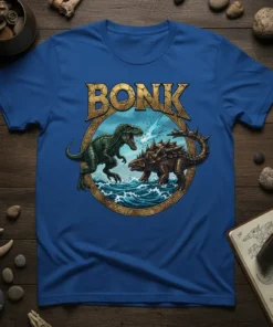 Bonk text above a T-Rex attacking an Ankylosaurus in water, on a blue t-shirt