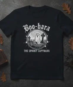 Boo-bara The Spooky Capybara t-shirt design featuring a ghost in a cemetery with gothic crosses