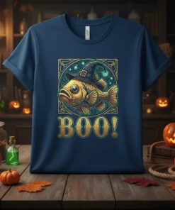 Boo Fish Halloween T-Shirt design with a fish wearing a witch hat and the text "BOO!" in golden lettering