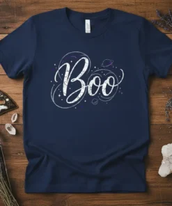 Navy t-shirt with "Boo" text in white distressed font, surrounded by swirling lines, stars, and small planets, in a spooky