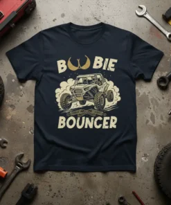 Boobie BOUNCER T-Shirt featuring a UTV driving through dust clouds, with text above and below the graphic