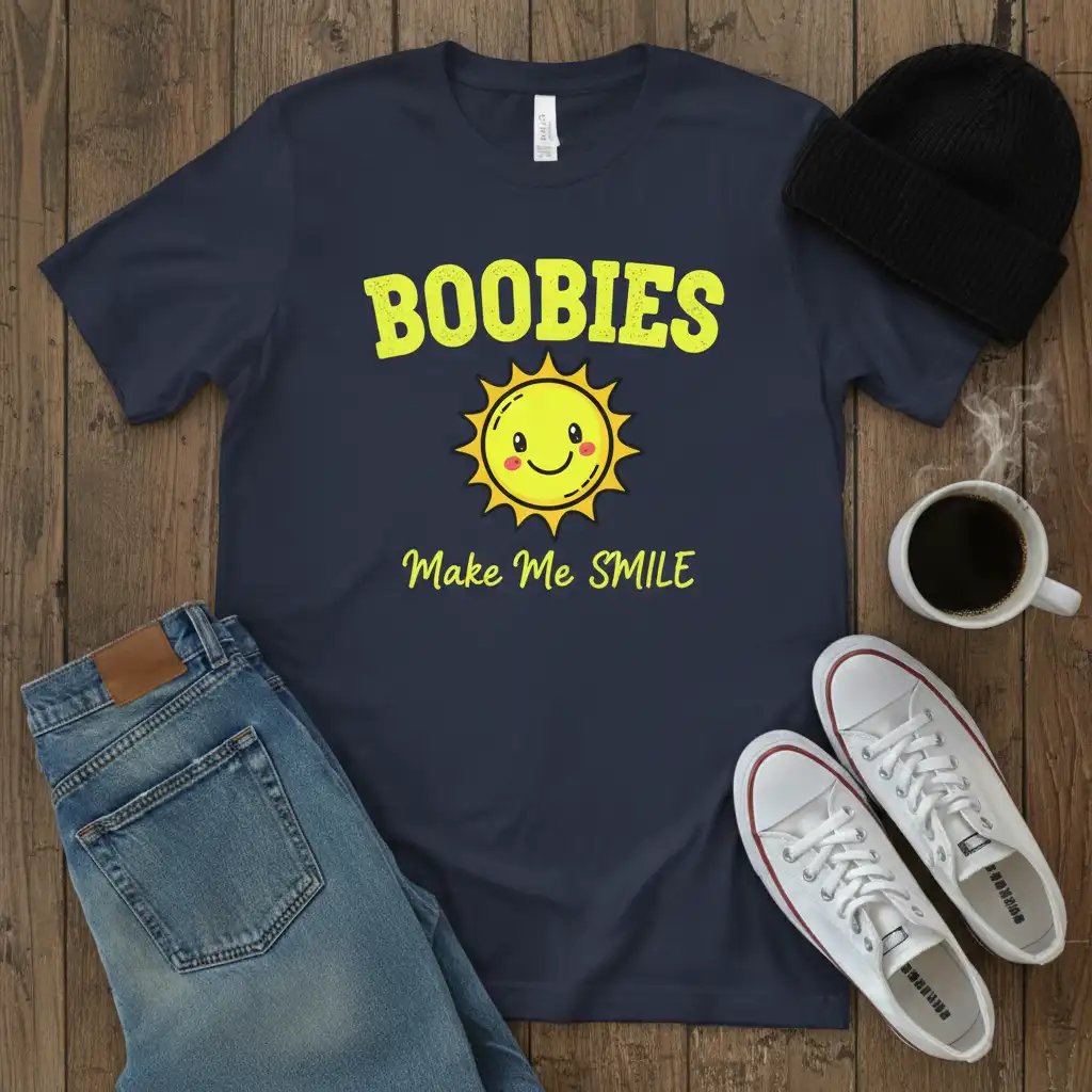 Boobies Make Me SMILE funny quote with smiling sun graphic on a navy shirt
