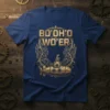 Bo'oh'o Wo'er text with steampunk submarine graphic on navy blue t-shirt, steampunk design