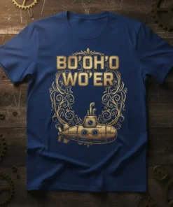 Bo'oh'o Wo'er text with steampunk submarine graphic on navy blue t-shirt, steampunk design
