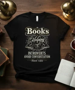 Black t-shirt with "Books Helping Introverts Avoid Conversation Since 1454" text and vintage book graphics