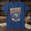 Books Rock t-shirt design featuring a guitar on an open book with colorful swirling background