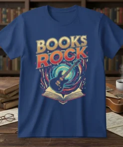 Books Rock t-shirt design featuring a guitar on an open book with colorful swirling background