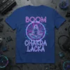 Boom Chakra Lacka neon graphic t-shirt featuring a meditating figure within a circuit board circle