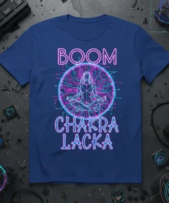 Boom Chakra Lacka neon graphic t-shirt featuring a meditating figure within a circuit board circle