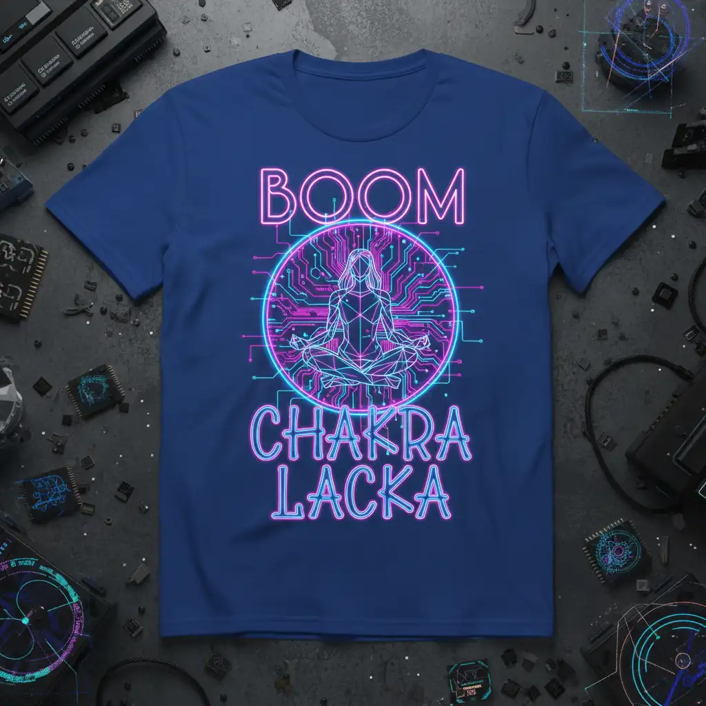 Boom Chakra Lacka neon design with meditating figure and circuit board graphic on blue t-shirt