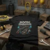 Boom Operator t-shirt with metallic text and a graphic of a boom arm with orange accents and blue glowing waves