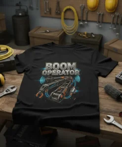 Boom Operator t-shirt with metallic text and a graphic of a boom arm with orange accents and blue glowing waves