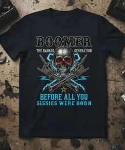 Boomer The Badass Generation skull graphic t-shirt with lightning and rock hands