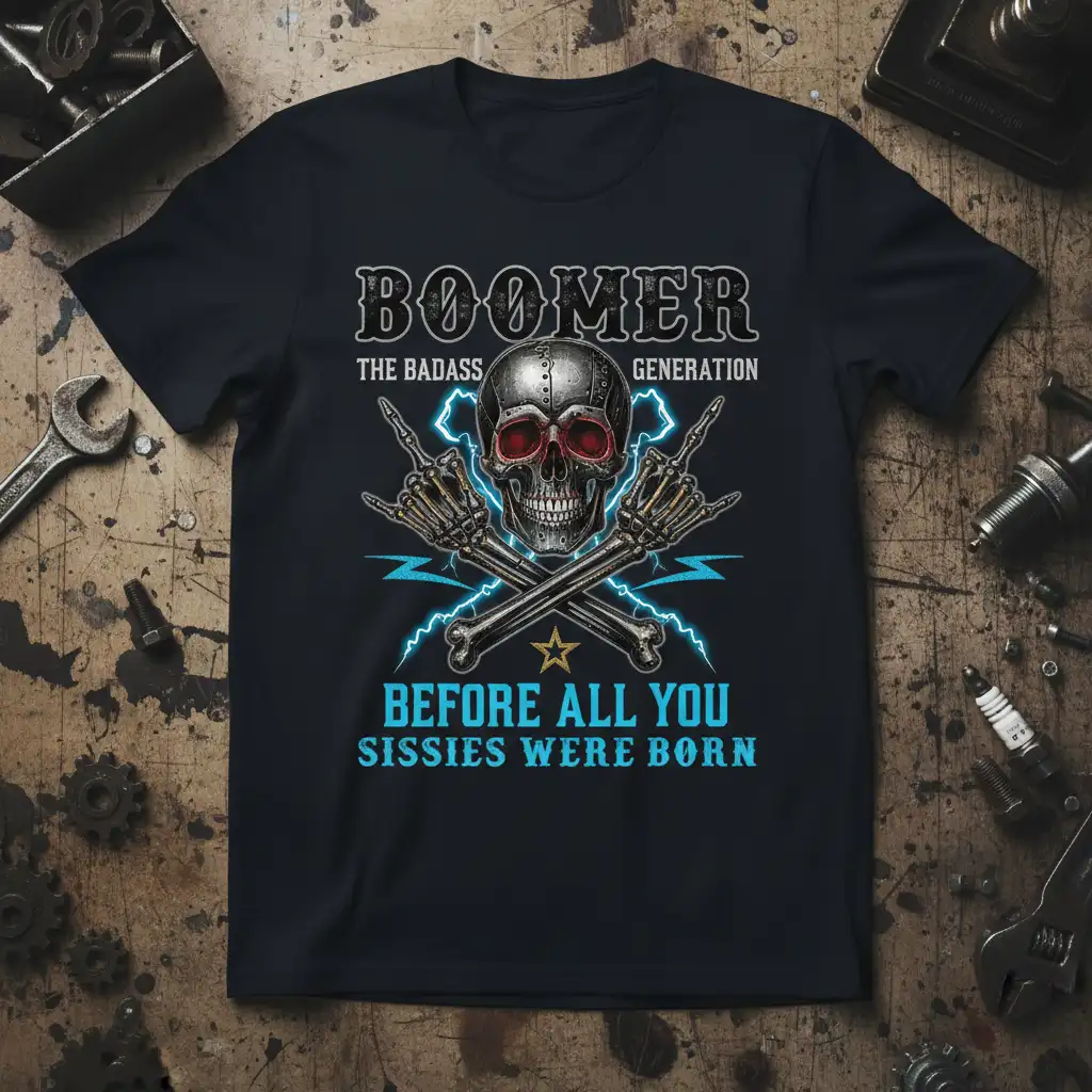 Boomer The Badass Generation quote t-shirt featuring a skull and rock hands