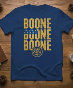 Blue t-shirt with "BOONE BOONE BOONE" printed vertically in distressed gold font, featuring a circular emblem with deer antlers and