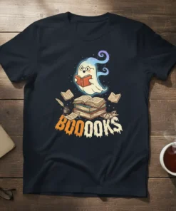 Ghost reading books with "BOOOOKS" text and scattered books, Halloween theme, on a dark t-shirt