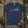 Minimalist navy t-shirt with yellow outline design of a finger booping a bear's nose and the word "boop!"